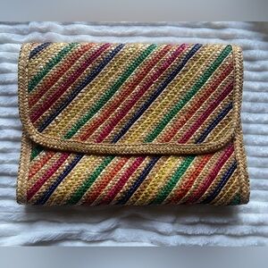 Woven Straw/Jute Multicolored Stripped Bi-Fold Clutch Bag Hong Kong Vintage boho